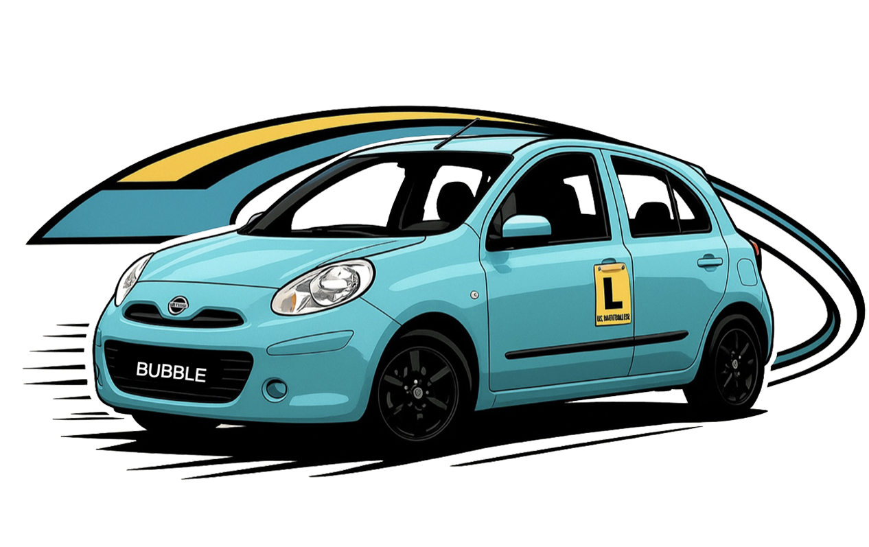 A light blue compact car with a yellow learner's driver sign on the side, labeled 'BUBBLE' on the front license plate, and a black curved arrow behind it indicating motion. The background suggests a driving school or training context.