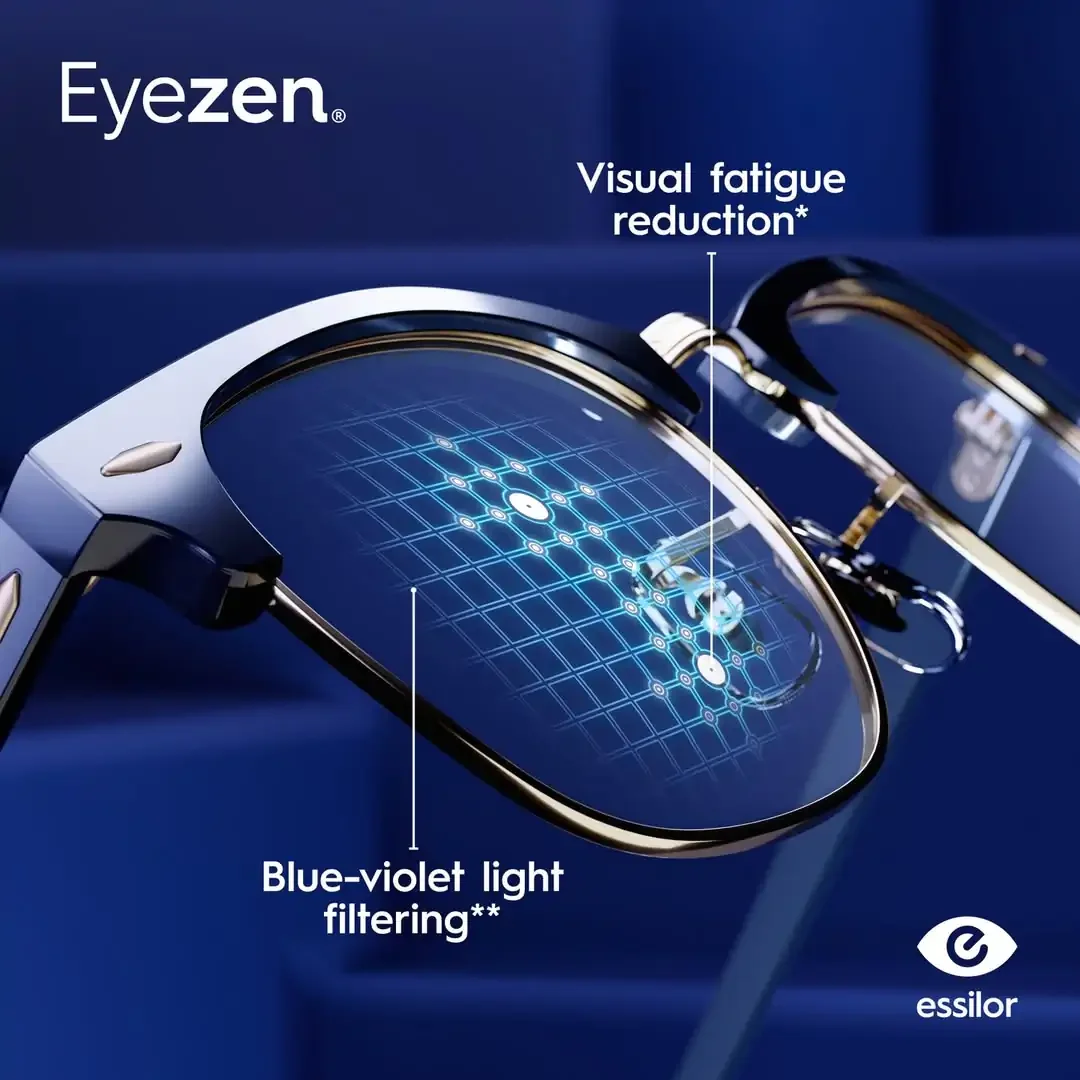 picture of a pair of glasses with eyezen in them with descriptors of what the lens offers
