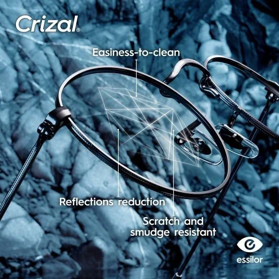 picture of a pair of glasses on a blue backdrop with descriptions of what crizal lenses offer