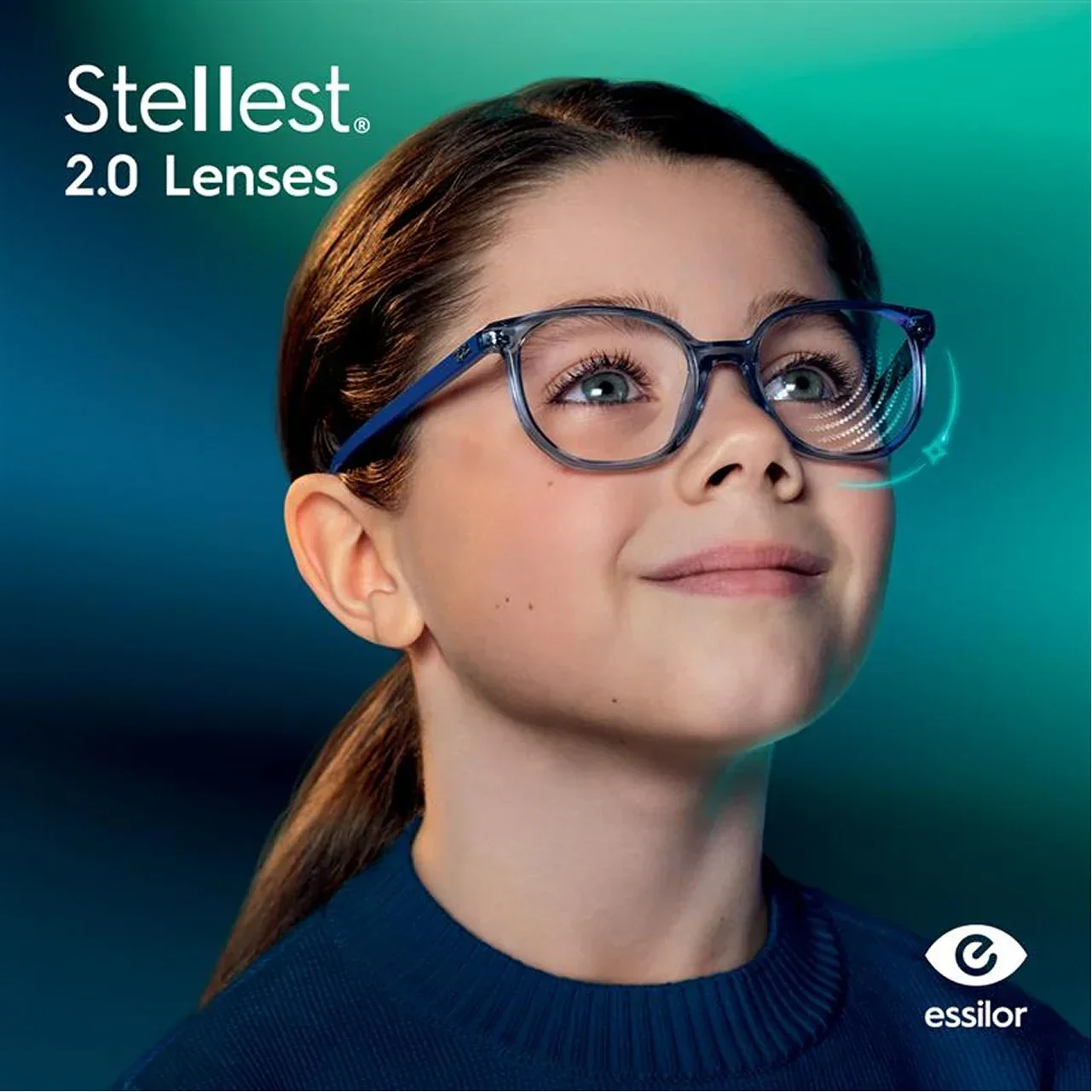 picture of a young girl wearing glasses with a stellest lens in them