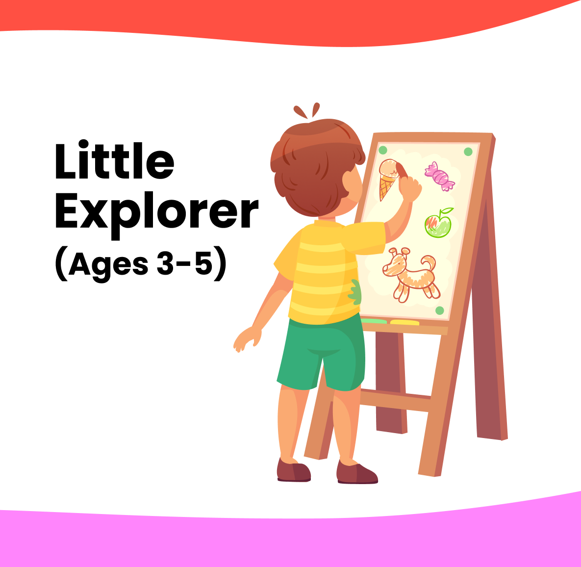 A young boy drawing on an easel with pictures of an ice cream cone, a wrapped candy, a green apple, and a dog.