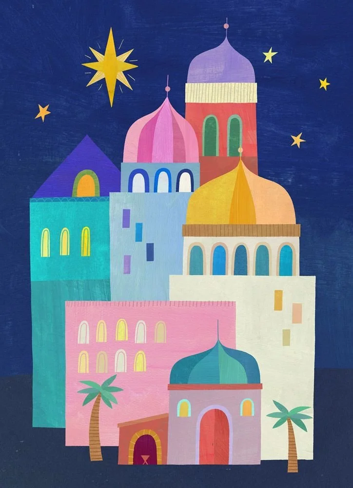 Colorful illustration of a cityscape with various buildings featuring domes and arches, along with two palm trees and a large yellow star in a dark blue sky with smaller stars.
