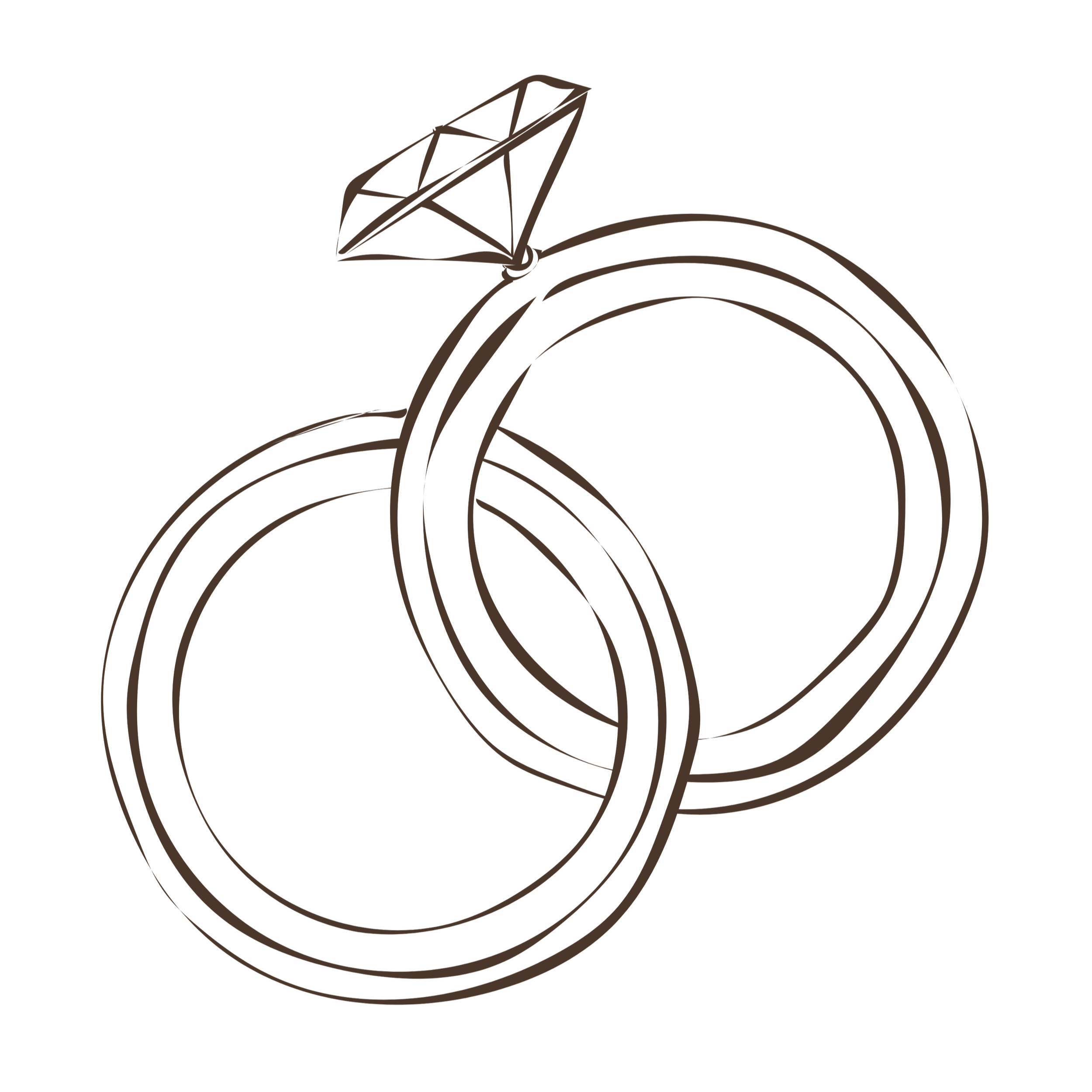 Minimalist outline of two wedding rings with a diamond, on a black background.