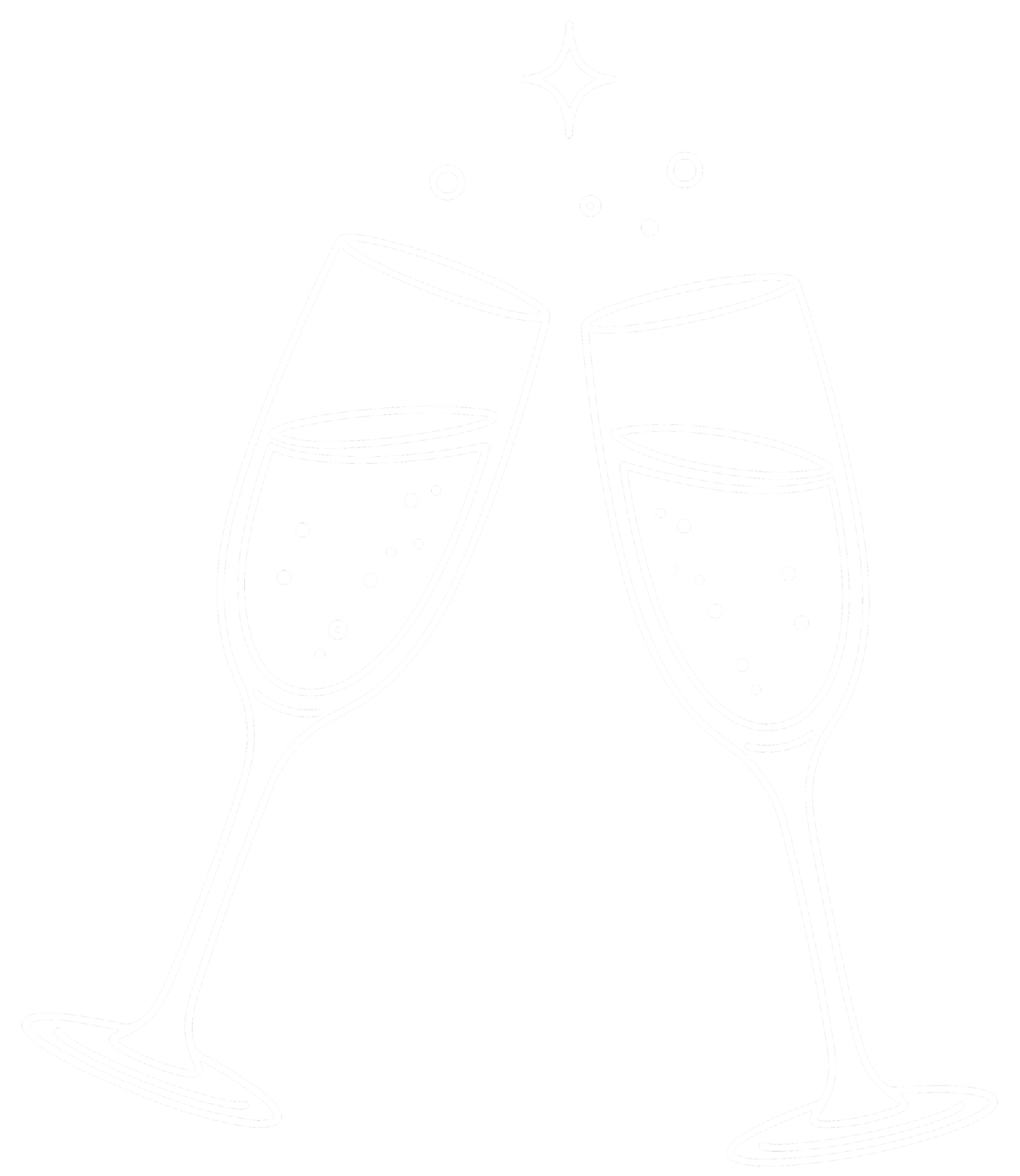 Line drawing of two champagne glasses clinking with bubbles and sparkle above.