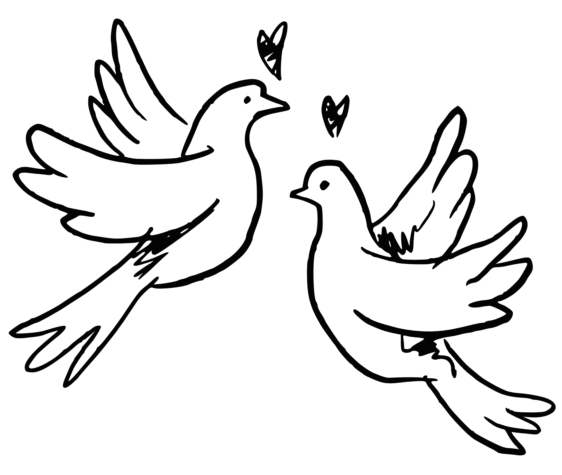 Outline drawing of two birds flying towards each other with hearts above their heads.