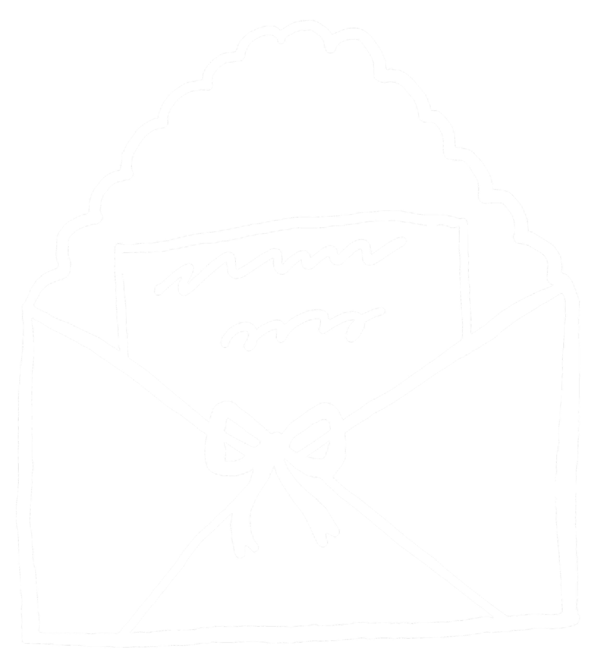 Outline drawing of an open envelope with a greeting card inside, tied with a bow.