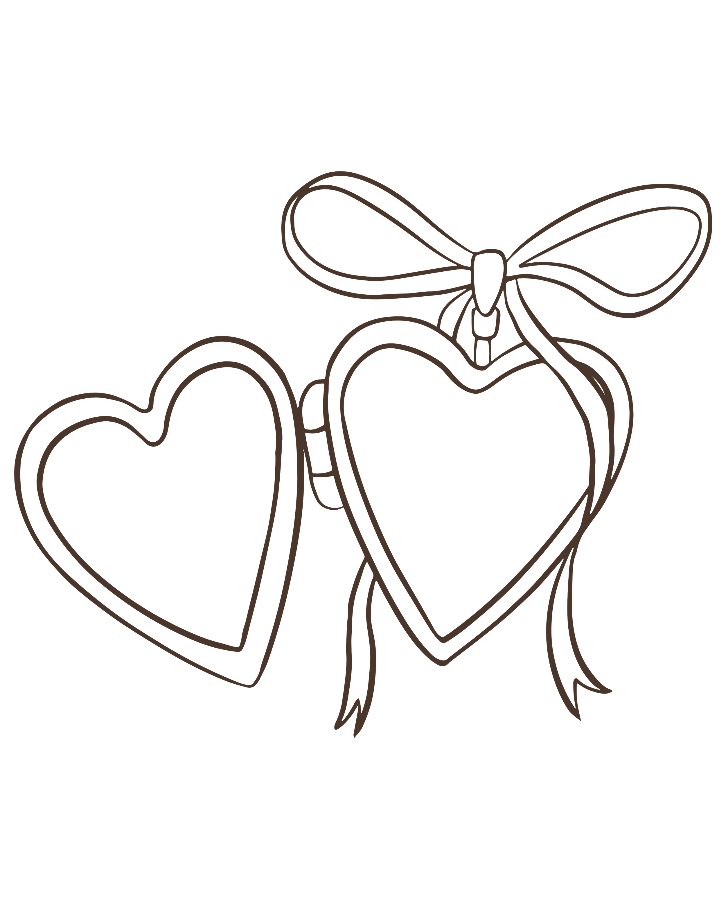 Outline drawing of two hearts connected by a bow and ribbon.