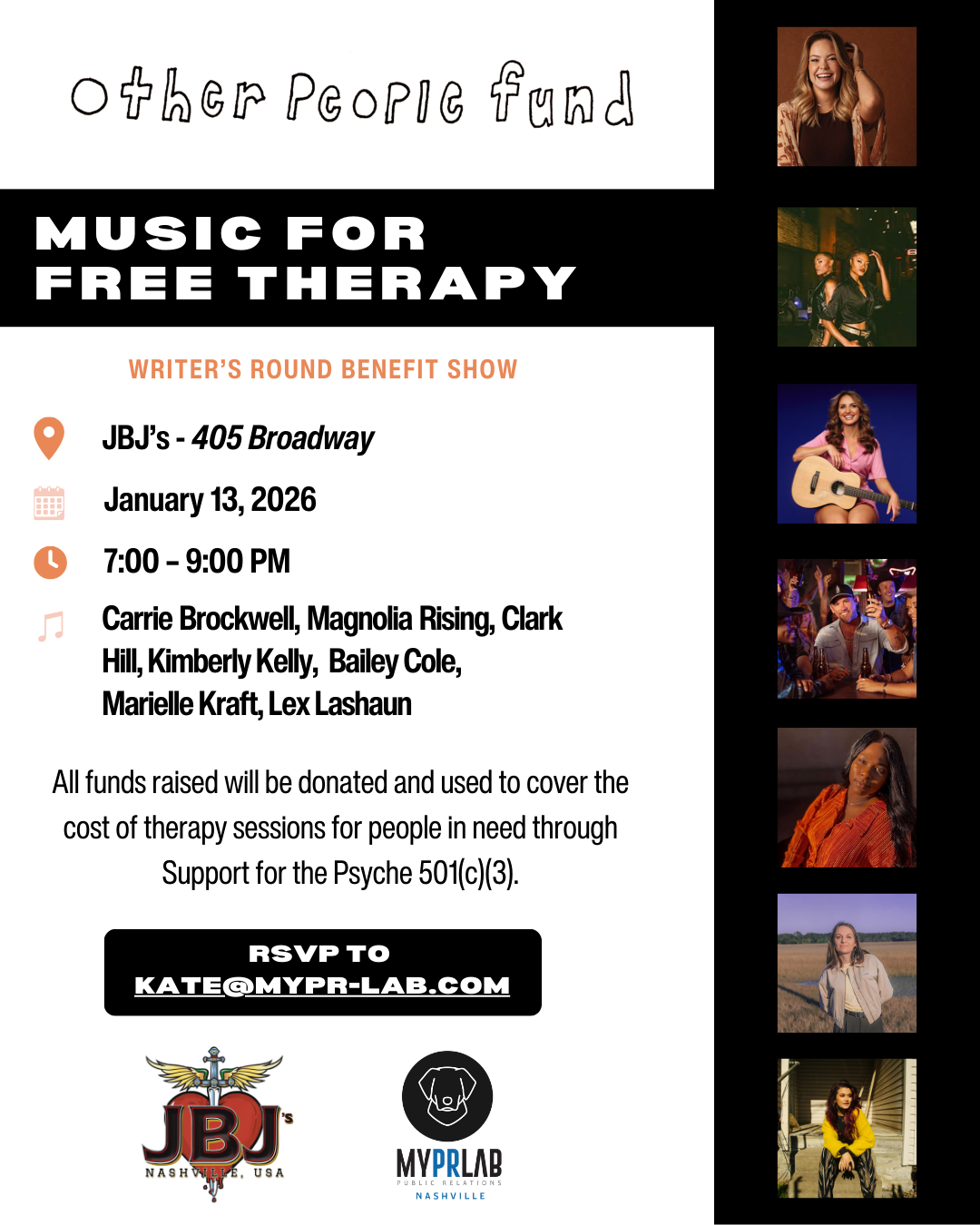 Event poster for a charity music show titled "Music for Free Therapy" at JBJ's, 405 Broadway, Nashville, on January 13, 2026, from 7:00 to 9:00 PM, featuring performances by Carrie Brockwell, Magnolia Rising, Clark Hill, Kimberly Kelly, Bailey Cole, Marielle Kraft, and Lex Lashaun, with donation proceeds supporting therapy sessions for those in need through Psycho 501(c)(3).