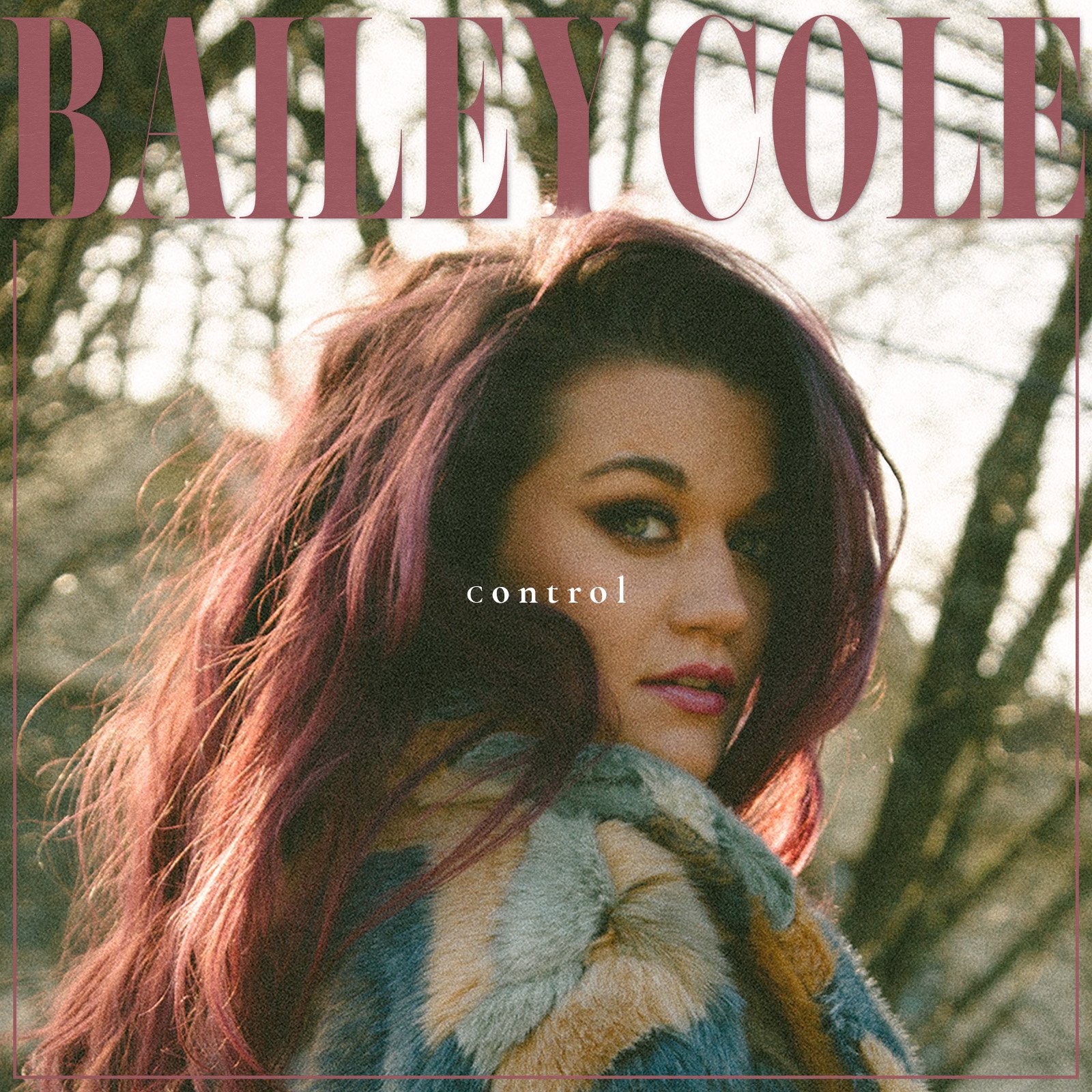 Close-up of a woman with long, wavy hair in shades of purple and brown, looking over her shoulder outdoors with trees in the background. Text over her head reads 'Ballet Cole', and small text in the middle says 'control'.