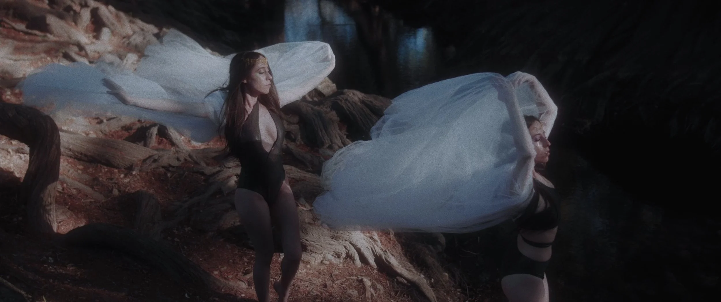 Two women wearing black bodysuits with sheer fabric and white tulle veils pose on rocky terrain near water in a dark, cave-like setting.