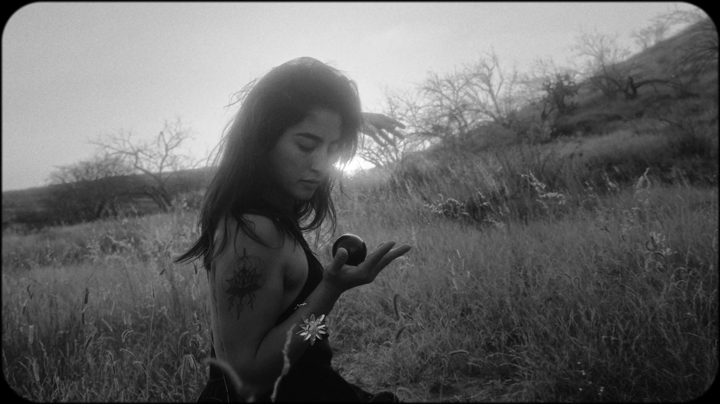 A woman with tattoos on her arm is sitting in a field, holding an apple in her hand, with the sun setting behind her in the background.