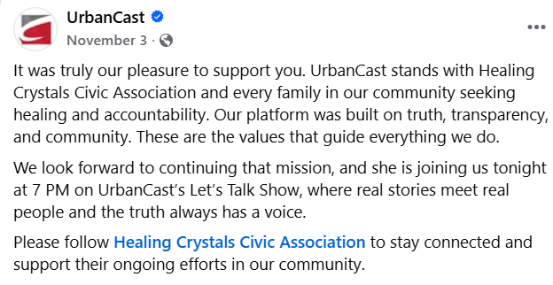 Facebook post by UrbanCast supporting Healing Crystals Civic Association and community efforts for healing and accountability, mentioning an event at 7 PM for UrbanCast's Talk Show.