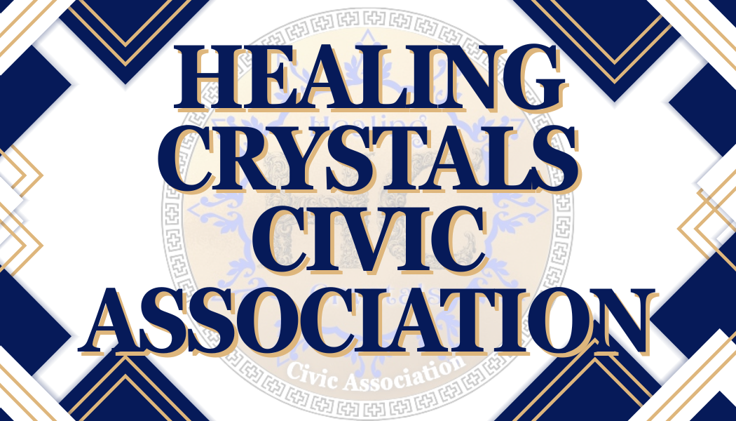 Graphic design with the text 'Healing Crystals Civic Association' in large blue and gold letters, with geometric decorative elements and faint emblem of the Civic Association in the background.