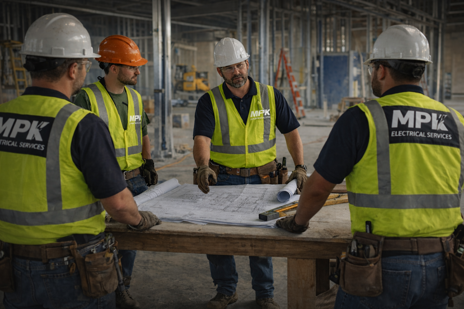 Construction workers in safety helmets and vests discussing blueprints at a construction site.