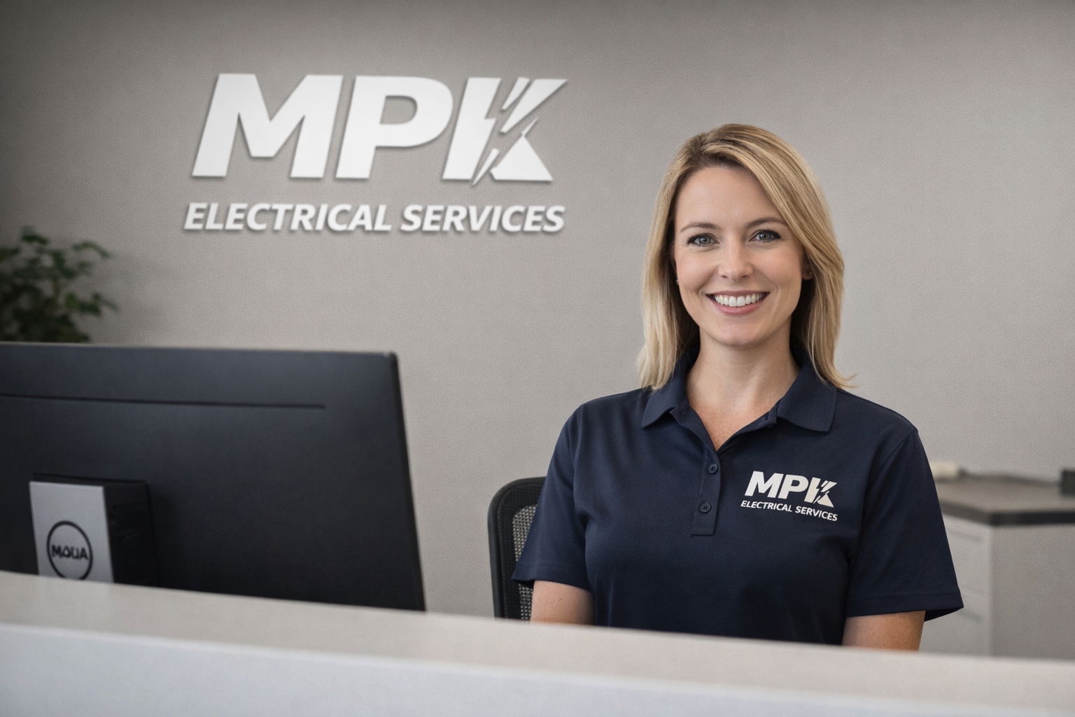 A woman with blonde hair smiling at the reception desk of MPX Electrical Services, wearing a navy polo shirt with the company's logo. The background shows the company name and logo on the wall.