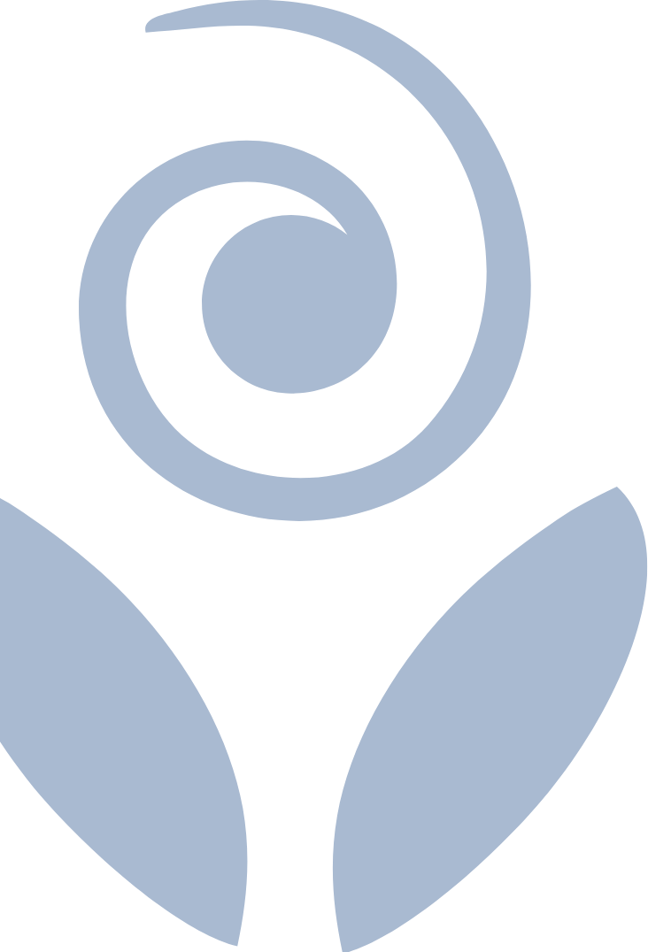 A stylized, abstract illustration of a flower with a spiral center and two symmetrical leaves at the bottom.