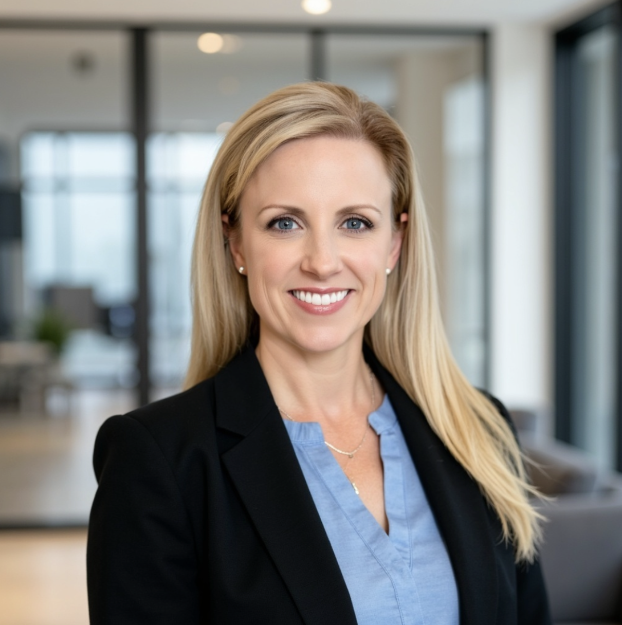 Professional woman with blonde hair, blue eyes, wearing a black blazer and blue blouse, smiling in an office environment.
