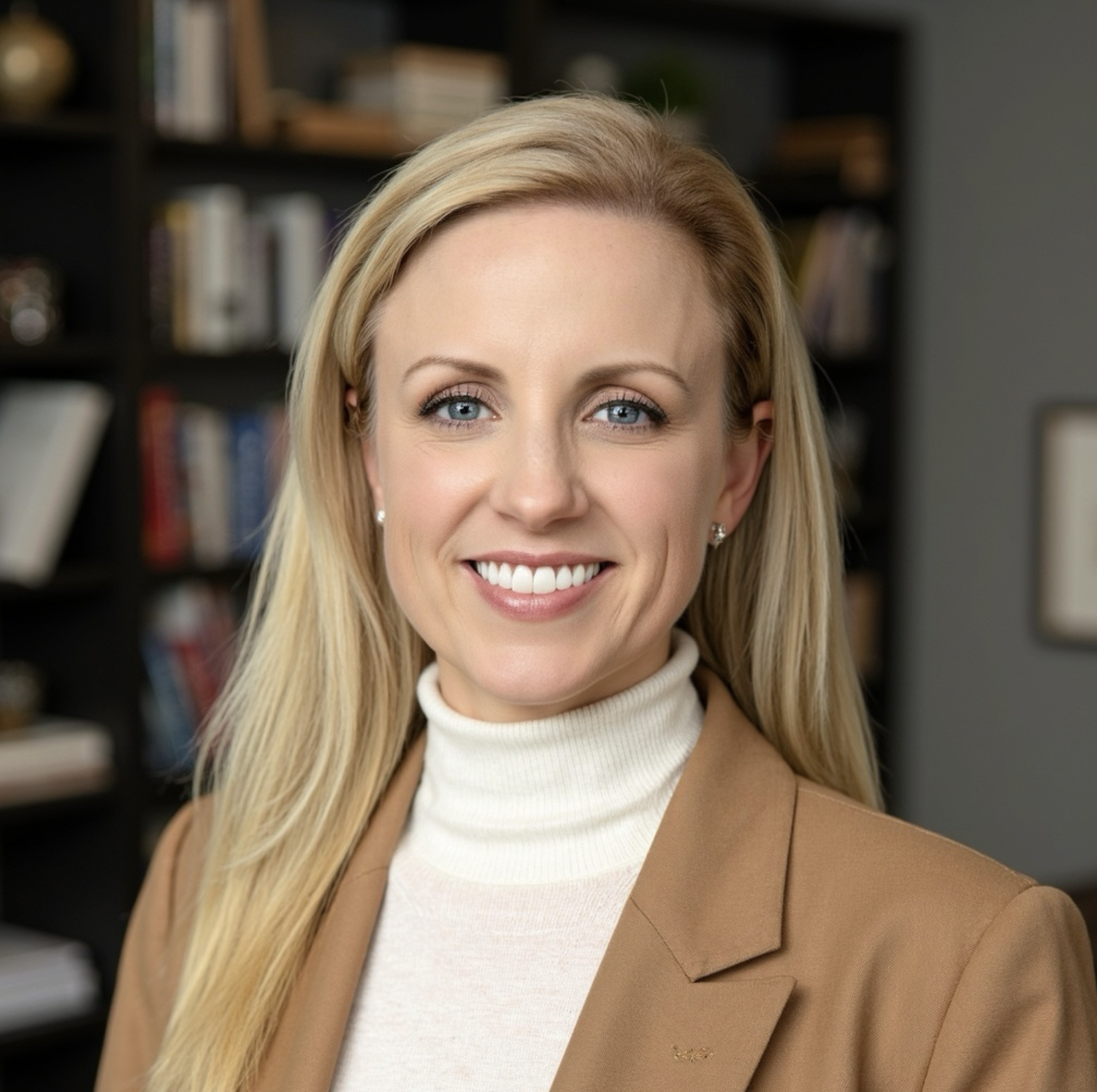 Close-up portrait of a smiling blonde woman with blue eyes, wearing a beige blazer and a white turtleneck, in an office setting.