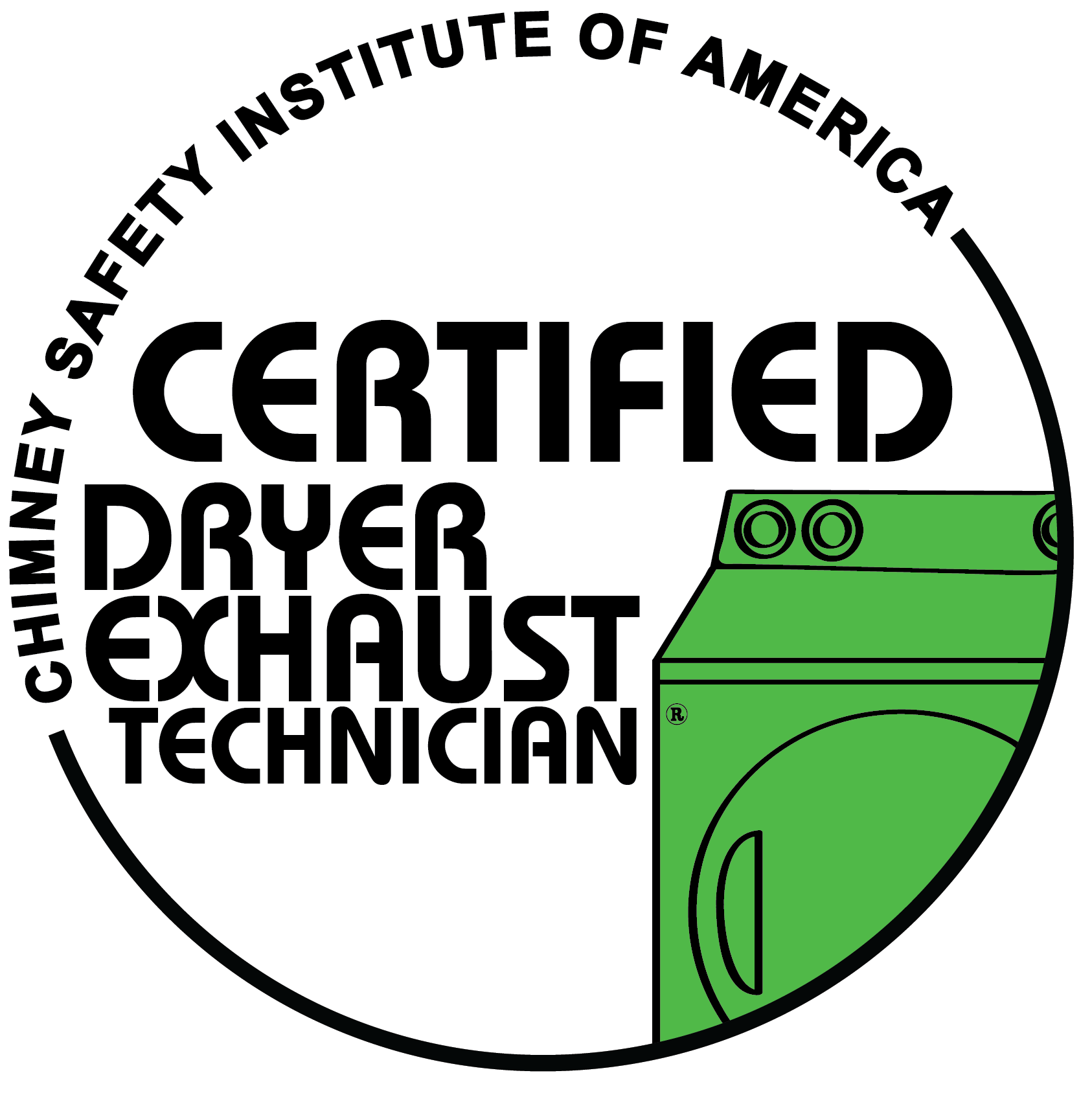 Circular emblem with black background, white border, and text that reads "Certified Dryer Exhaust Technician" along the top. Inside the circle, there is an illustration of a green dryer on the right side.