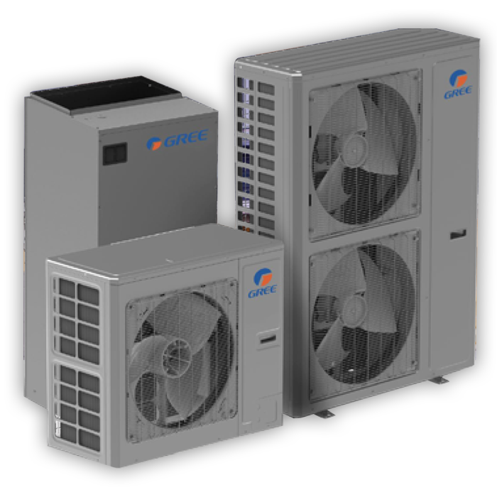 Three Gree-branded HVAC units, two large with fans and a smaller one, set against a black background.