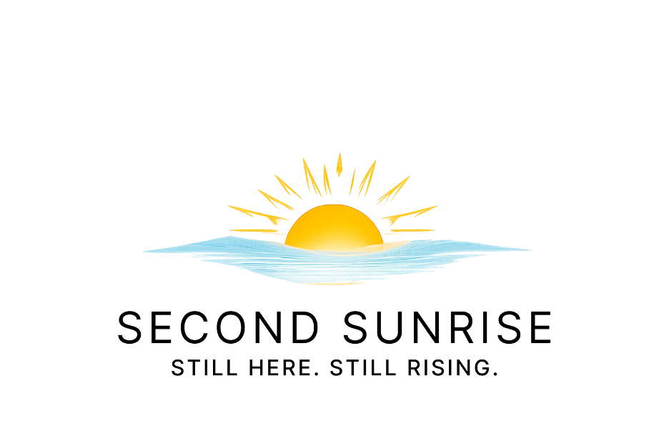 A stylized graphic of a sunrise over water with a sun partly above the horizon and rays extending outward.