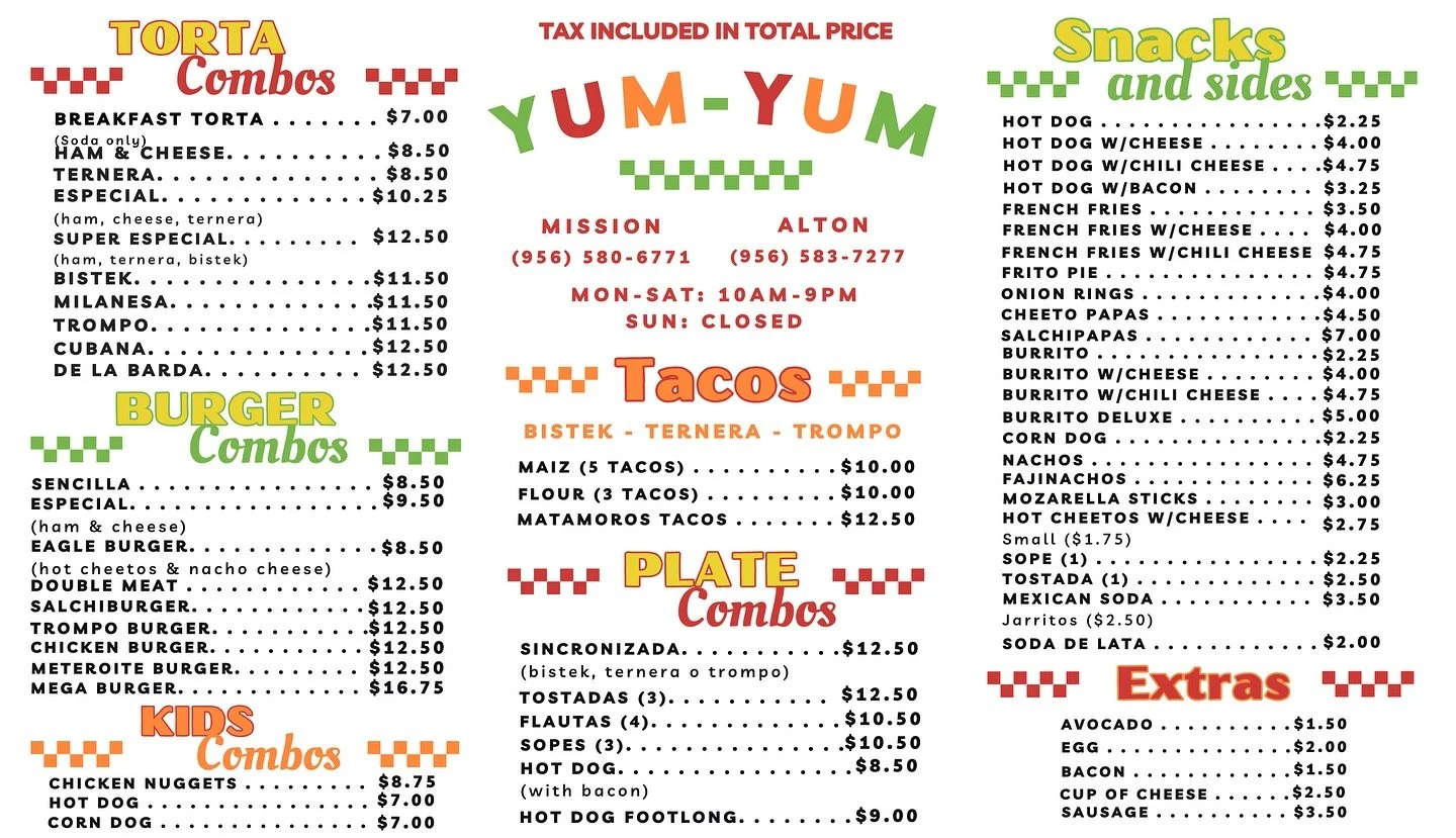 Save this for your next Yum-Yum order! Like always, all taxes are included in the total price. Thank you for always supporting family-owned and we plan to continue being here for our community only in the #956 😮&zwj;💨🇲🇽
.
.
Guarda para tu pr&oacu