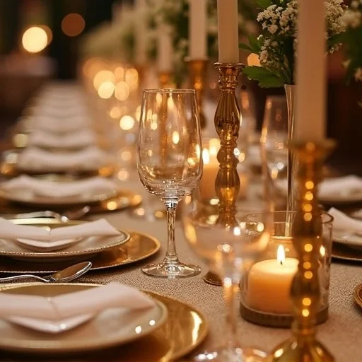 Elegant dinner table setting with candles, wine glasses, gold accents, and floral centerpiece.