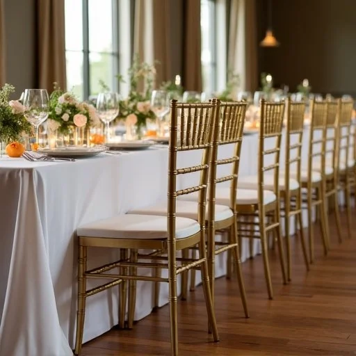 Elegant banquet table set with wine glasses, floral centerpieces, and gold chairs in a decorated event space with large windows.
