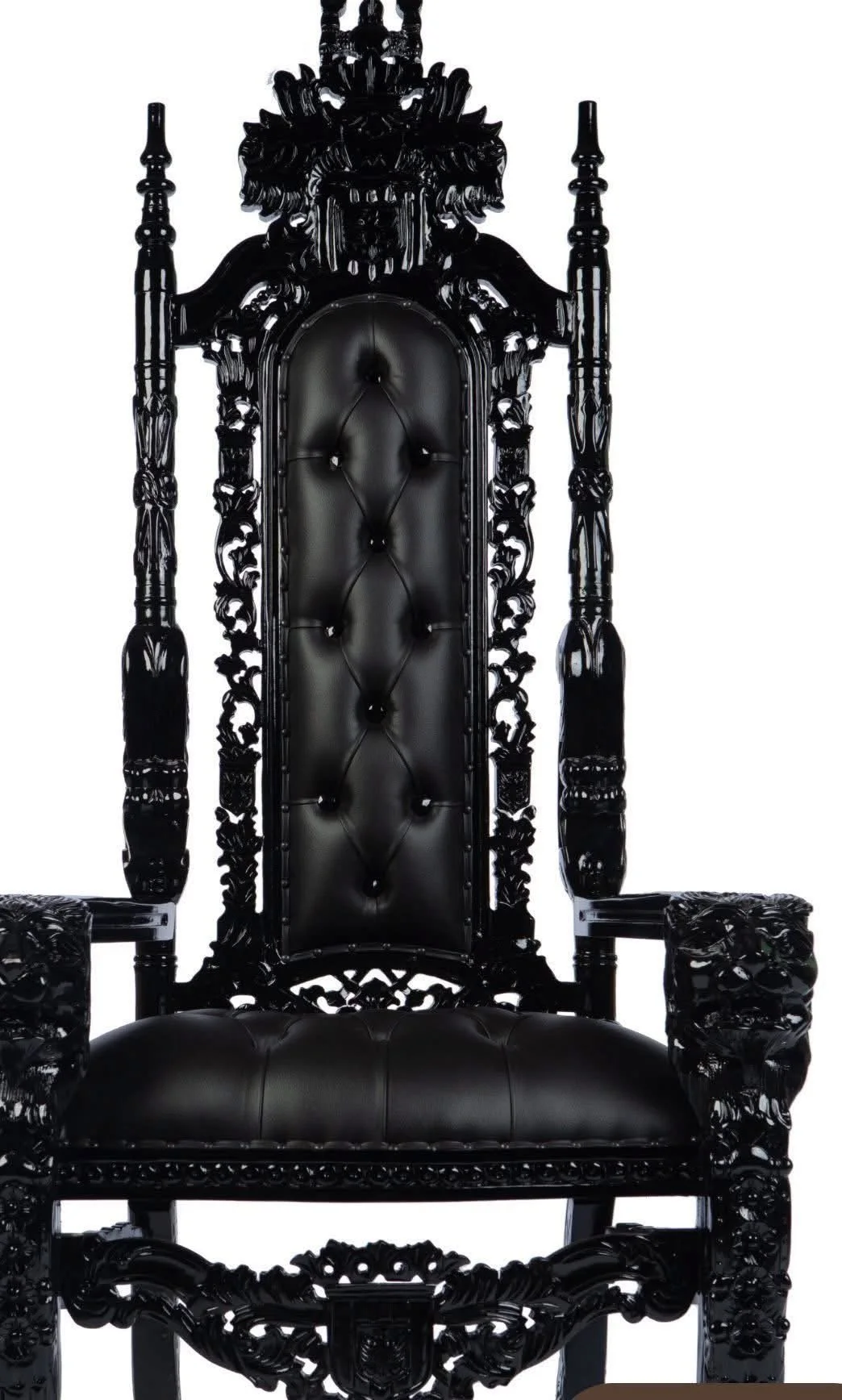 jksrentalsA black, ornate, high-backed throne with intricate carved designs.