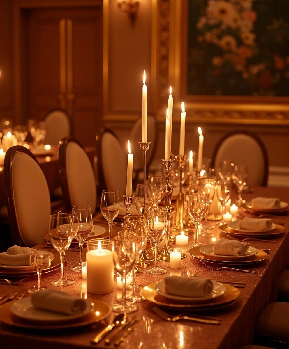 jksrentalsA formal dining table set with dinnerware, wine glasses, candles, and tall candleholders, illuminated with warm lighting in an elegant room.