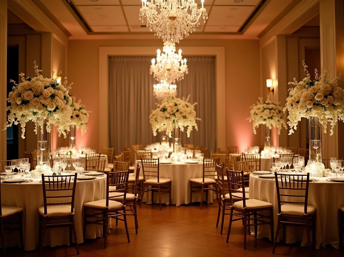 Elegant banquet hall with multiple round tables decorated with white tablecloths, large floral centerpieces in tall glass vases, and set with glassware and plates. The room features chandeliers hanging from the ceiling and soft lighting, creating a sophisticated atmosphere.