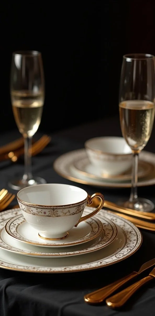 Elegant table setting with fine china teacups and saucers, champagne flutes filled with sparkling wine, and gold utensils on a black tablecloth
