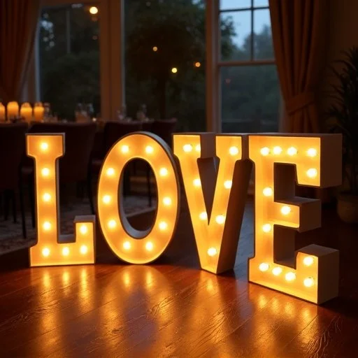 jksrentalsIlluminated marquee-style sign spelling out "LOVE" on a wooden floor inside a room with large windows and curtains.