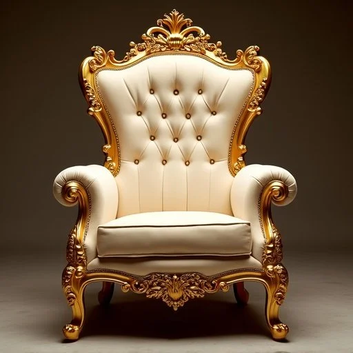 An ornate, white and gold, Victorian-style throne chair with a high back and intricate gold carvings.