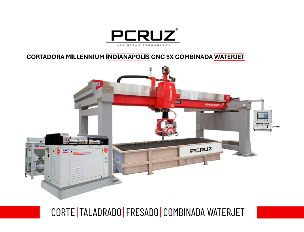 A large CNC waterjet cutting machine with the brand name PCRUZ, used for cutting stone or metal materials, with a control panel on the right side and a waterjet head in the center. The image includes text descriptions of the machine's capabilities, such as cutting, drilling, grinding, and waterjet combination, and the machine's location in Indianapolis.