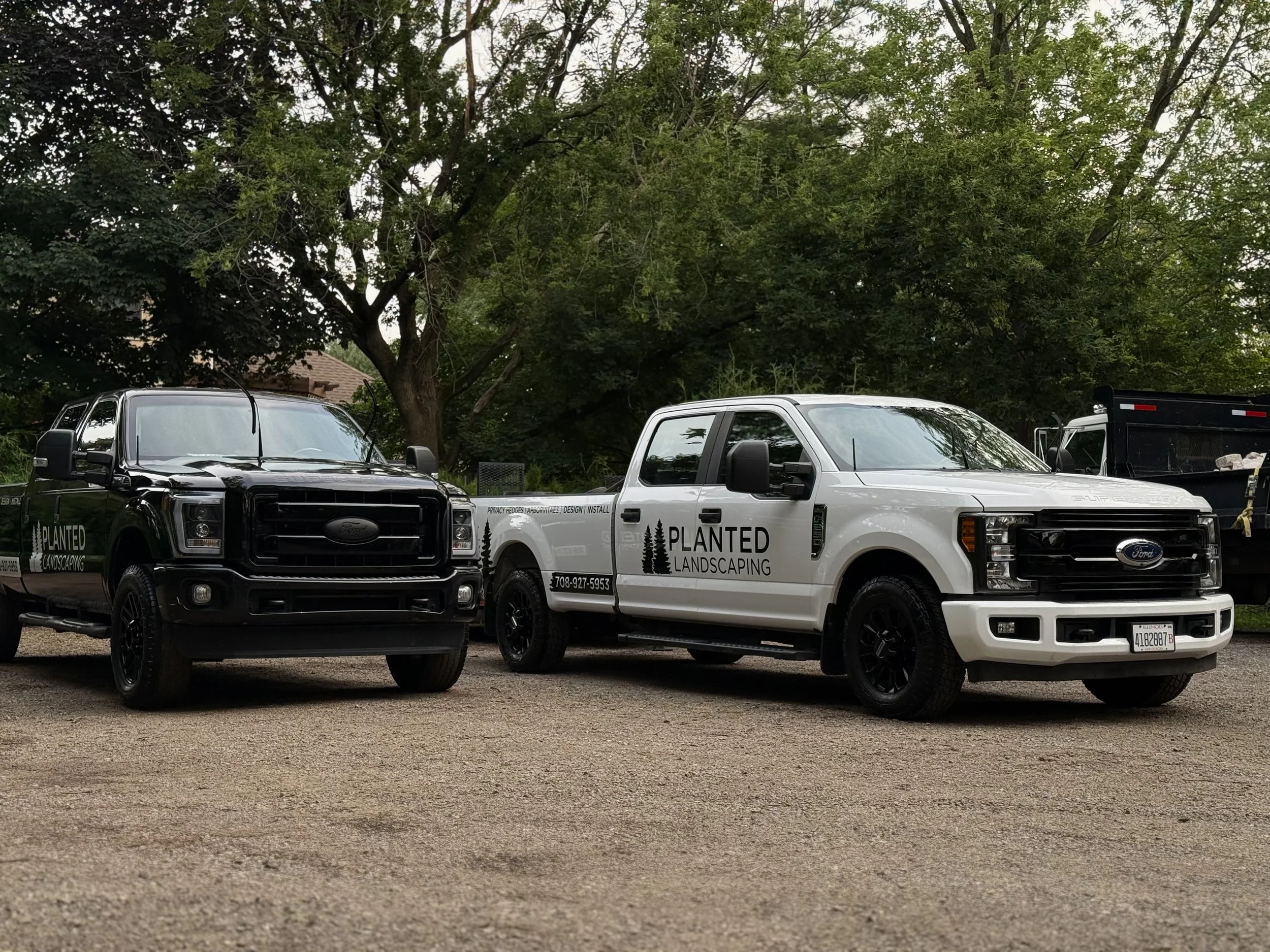 Two Ford trucks parked outdoors on a dirt surface; one is black and the other is white. Both have landscaping company branding and tree graphics on the doors.