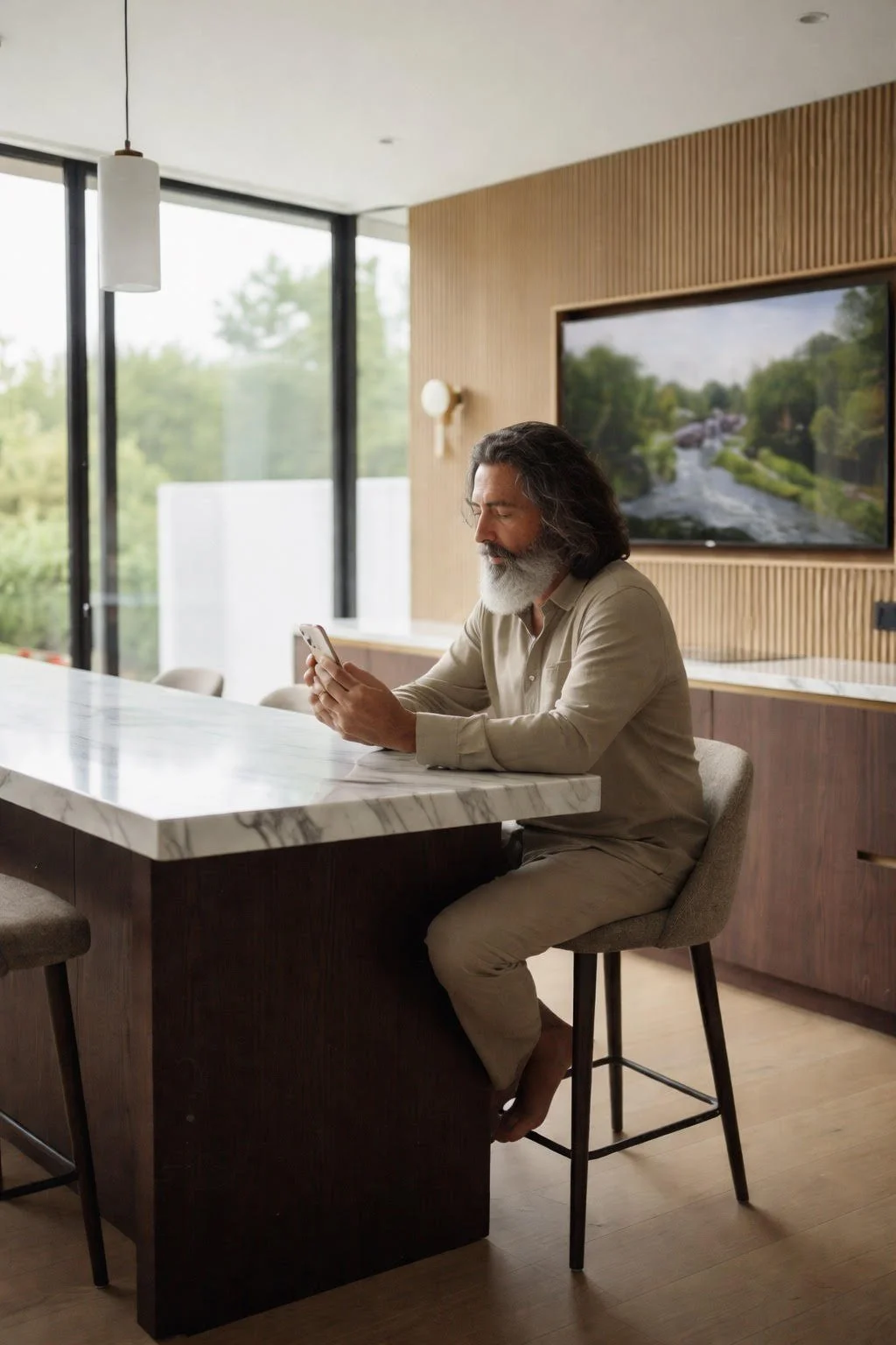 A man with gray hair and a beard sitting at a kitchen island with a marble countertop, looking at his phone, in a modern kitchen with floor-to-ceiling windows and a large wall-mounted TV showing a nature scene.