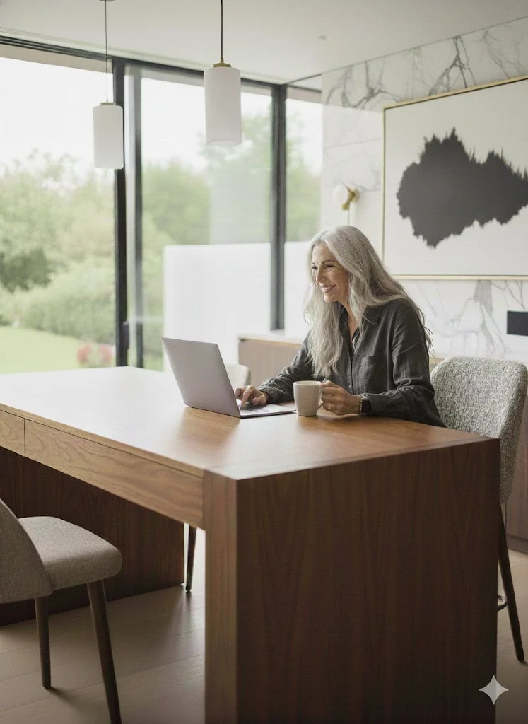 An older woman with long gray hair sitting at a wooden table in a modern, well-lit room, using a laptop and holding a coffee mug, with large windows showing a green outdoor scene.