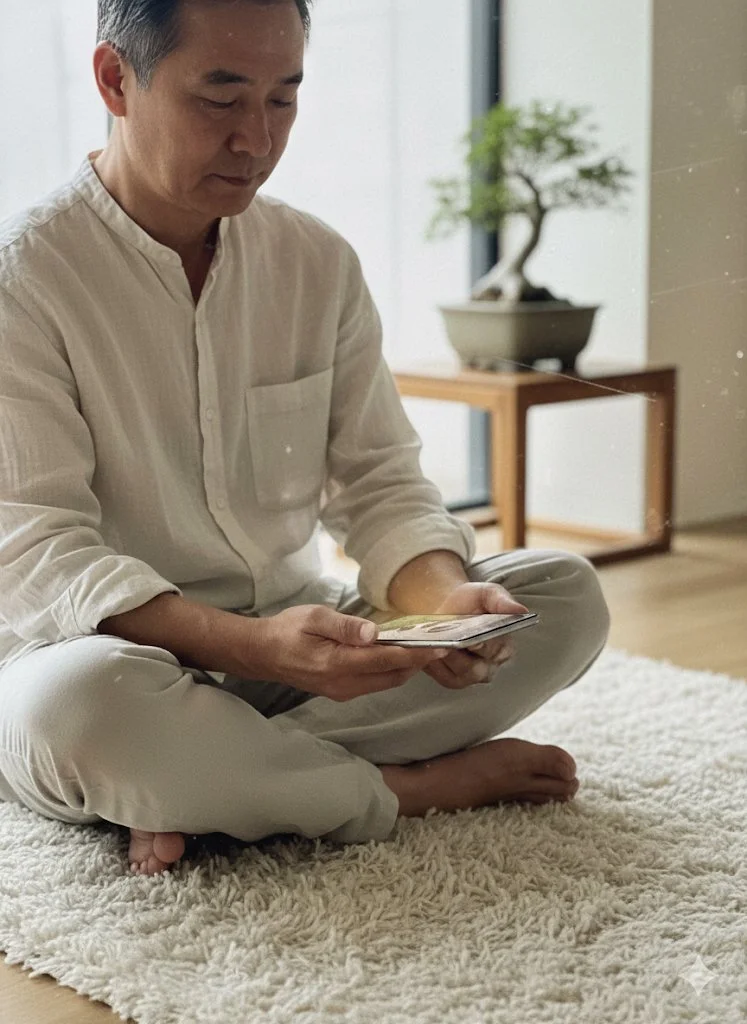 A man sitting cross-legged on a white shag rug, looking at his phone. He is wearing a cream shirt and beige pants in a brightly lit room with a small wooden table and a bonsai tree in the background.