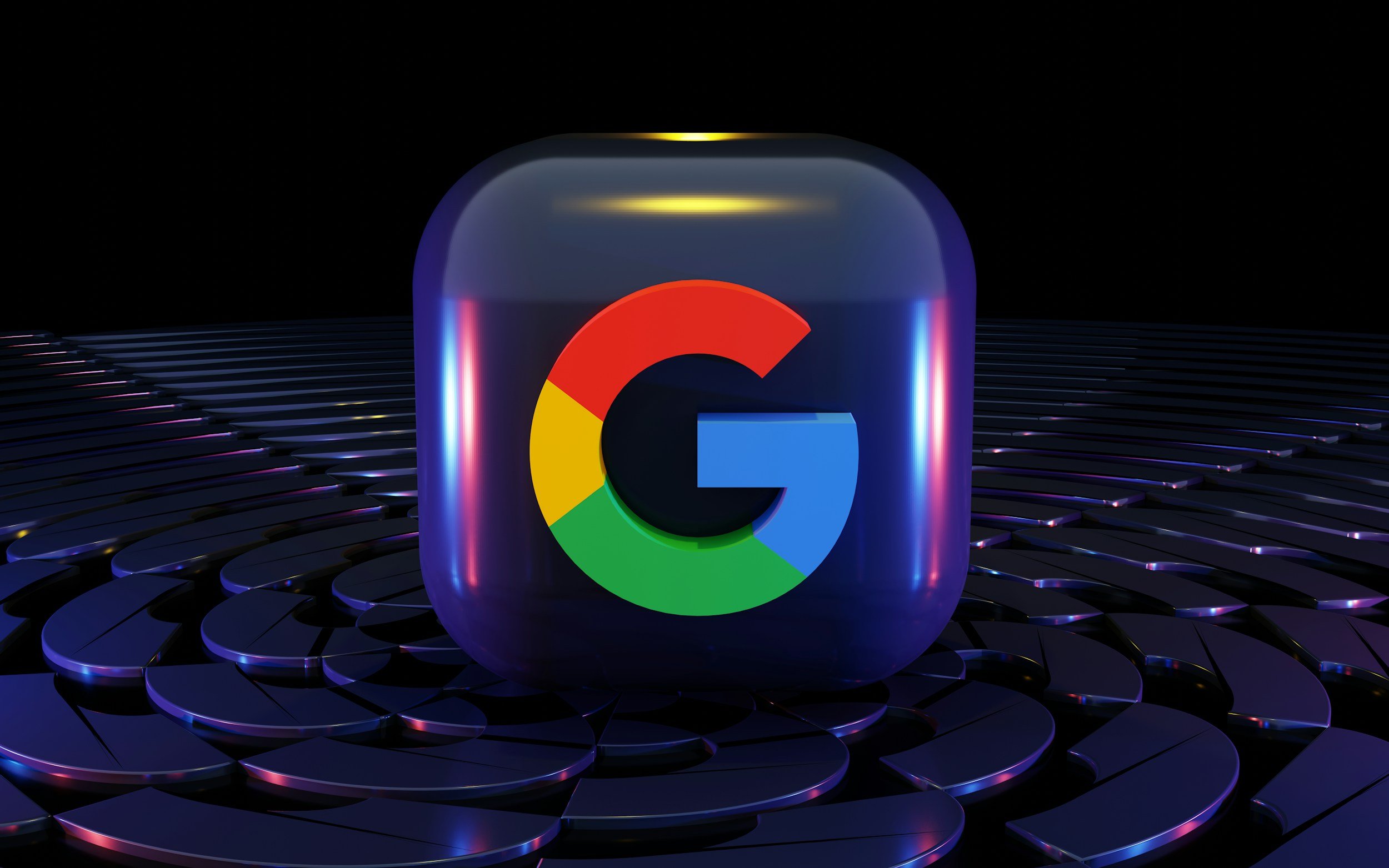 A digital rendering of a Google logo on a cube-shaped device, placed on a futuristic, dark, metallic surface with glowing reflections.