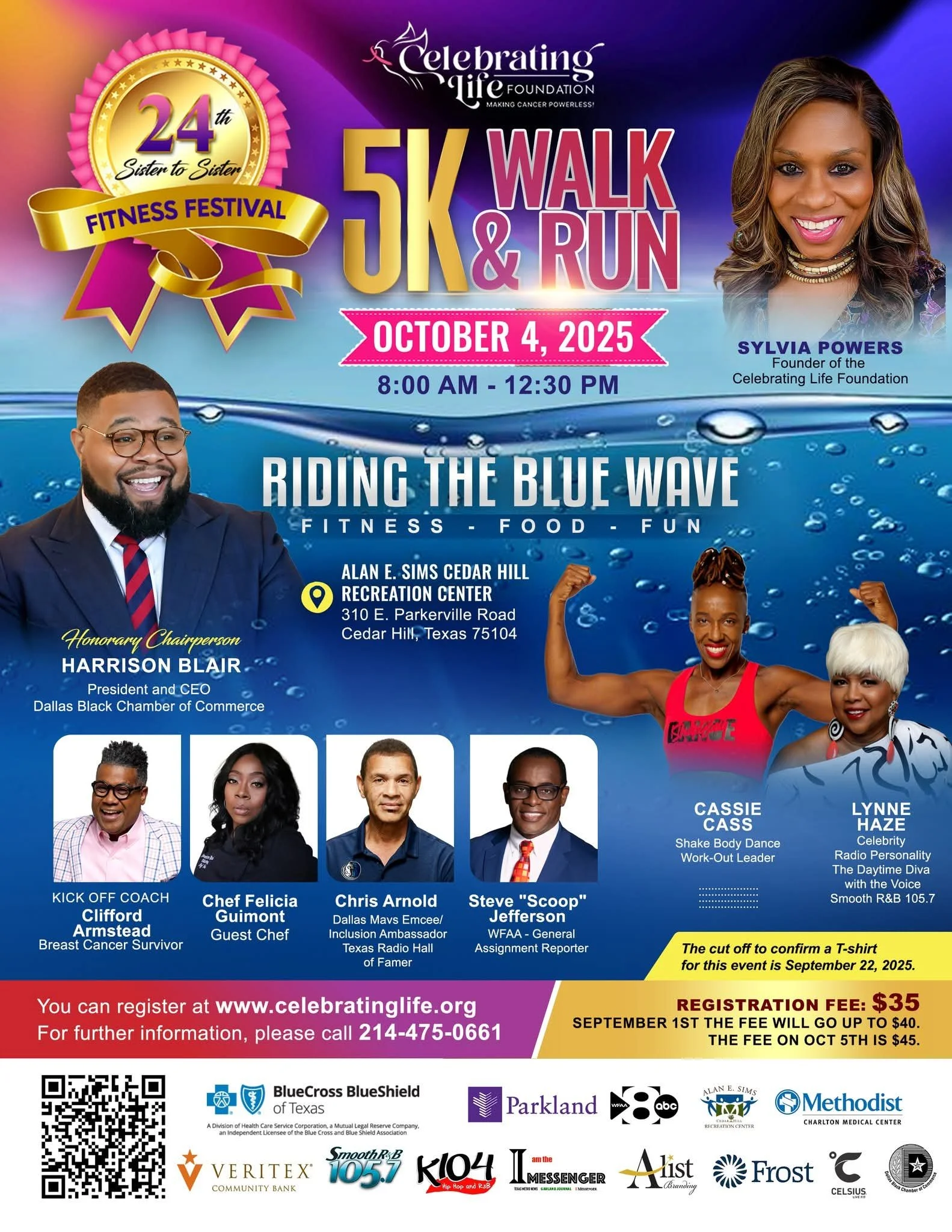 Poster for a 5K walk and run event on October 4, 2025, from 8:00 am to 12:30 pm at the Alan E. Sims Cedar Hill Recreation Center, featuring speakers and activities for a charity fundraiser.