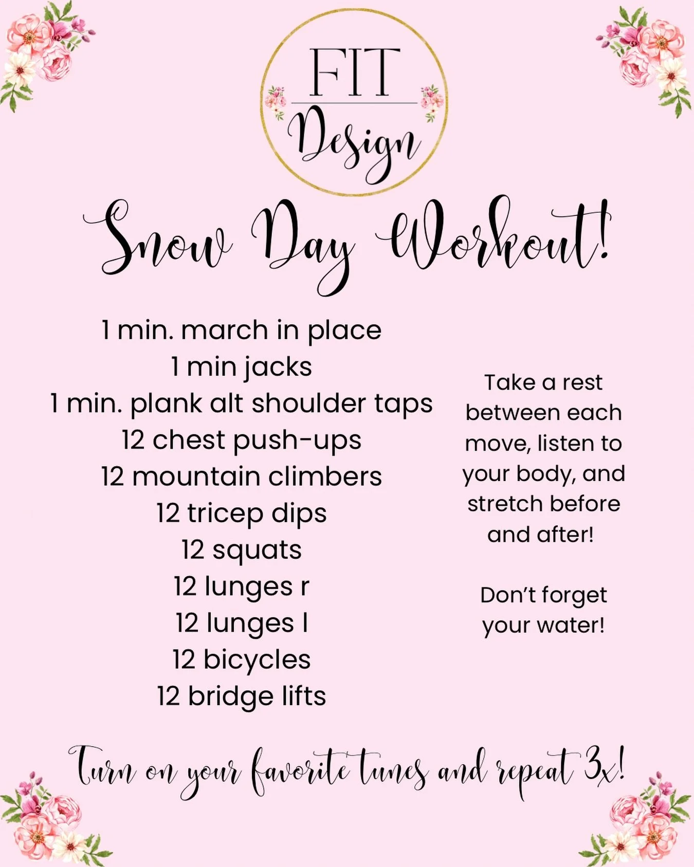 🤍Snow day vibes! Classes may be cancelled but doesn&rsquo;t mean your workout is cancelled!

🤍Always listen to your body and add modifications (on your knees/slower) or challenges (jumping/plyo) as needed!

🤍 Want some barre vibes, add pulses to t