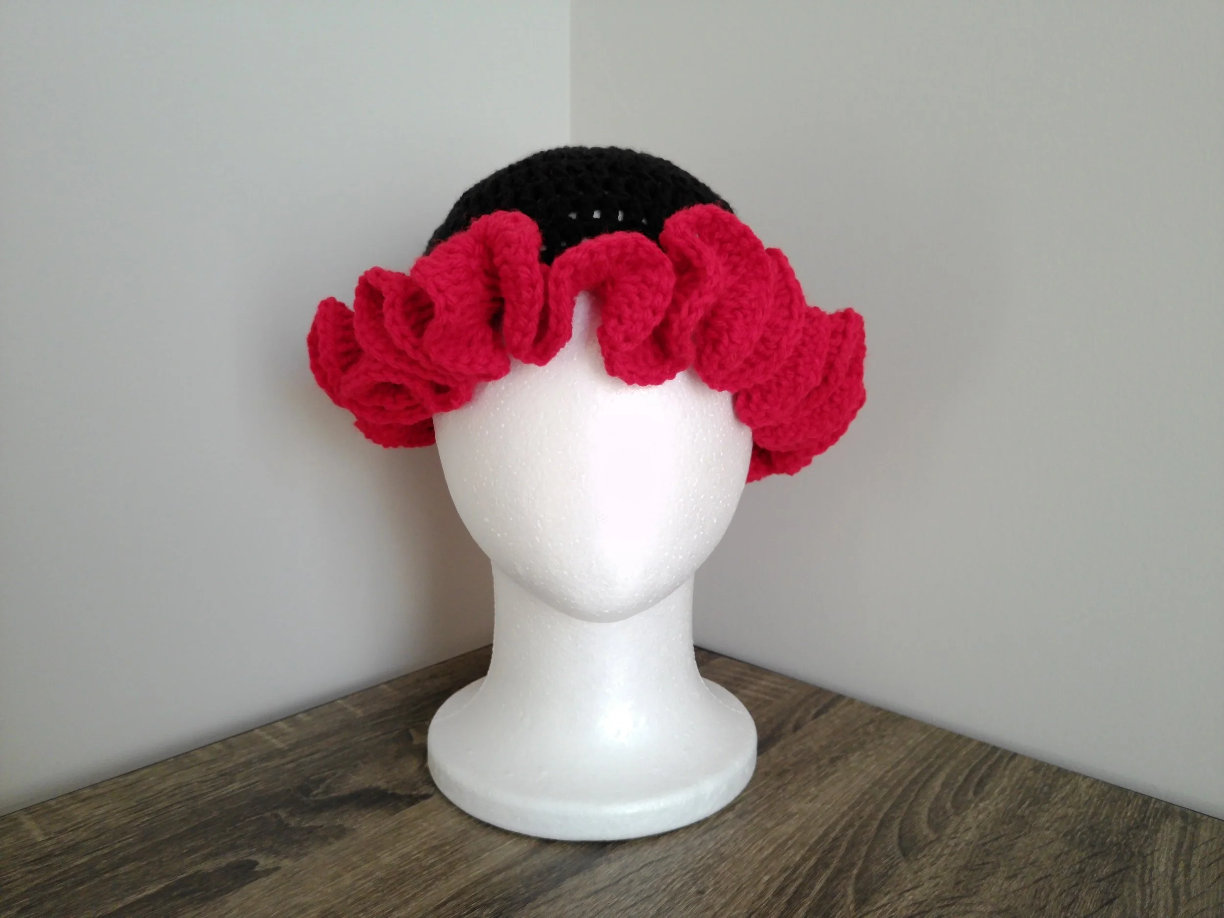 Black and Cherry Red Ruffle Bucket Hat