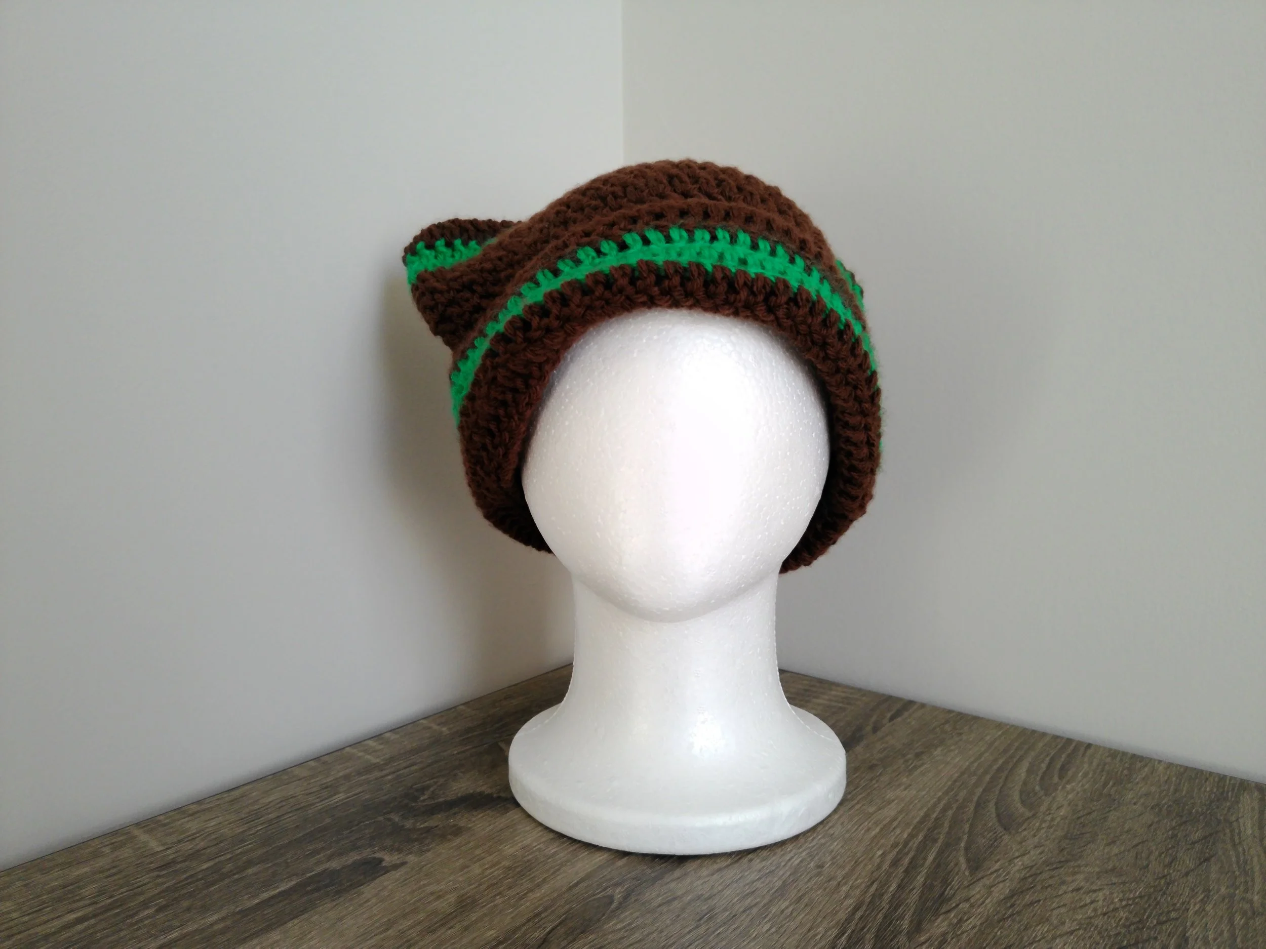 Brown and Green Cat Beanie_ Front 1.JPG