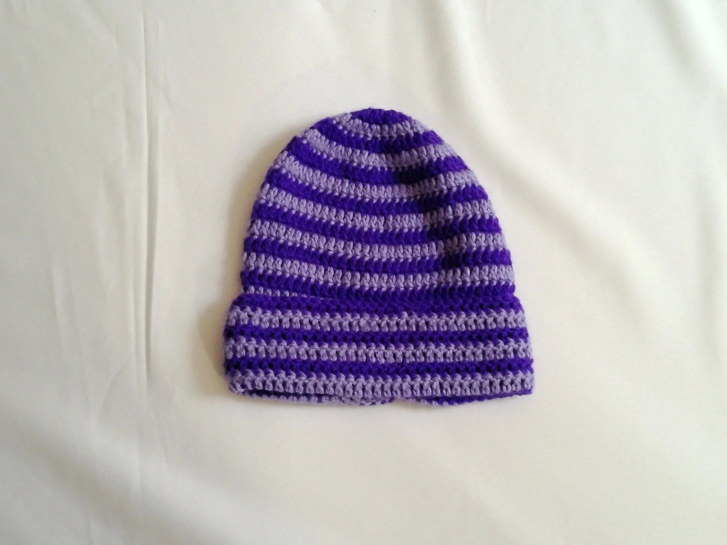 Dark Purple and Lavendar Striped Beanie_Front 2_Landscaoe.JPG