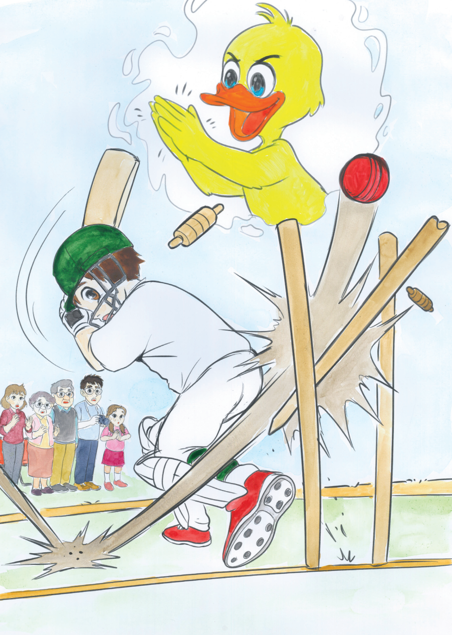 A cartoon baseball scene where a batter in a white uniform with green shoes is struck by a foul ball and hits a wooden barrier, while a yellow duck wearing a baseball cap seems to cheer nearby. Four spectators are watching with surprised expressions.