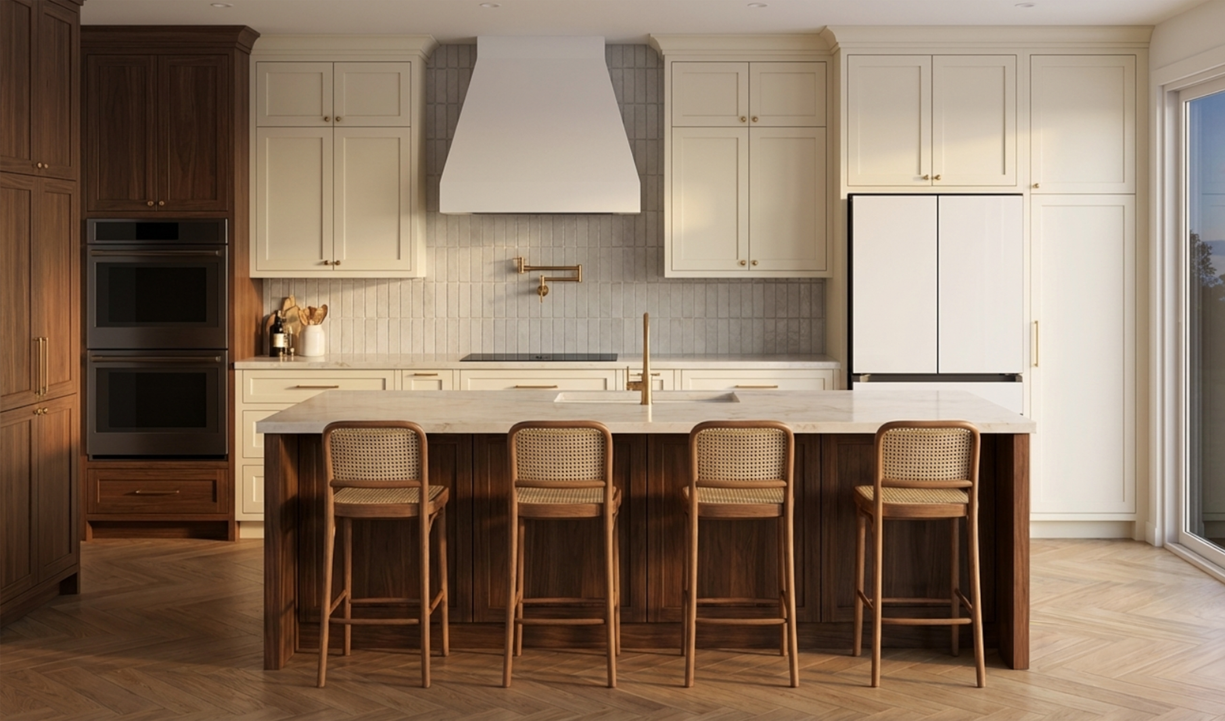 Modern kitchen with white and wood cabinetry, a central island with bar stools, a stove with a range hood, and a window on the right side.