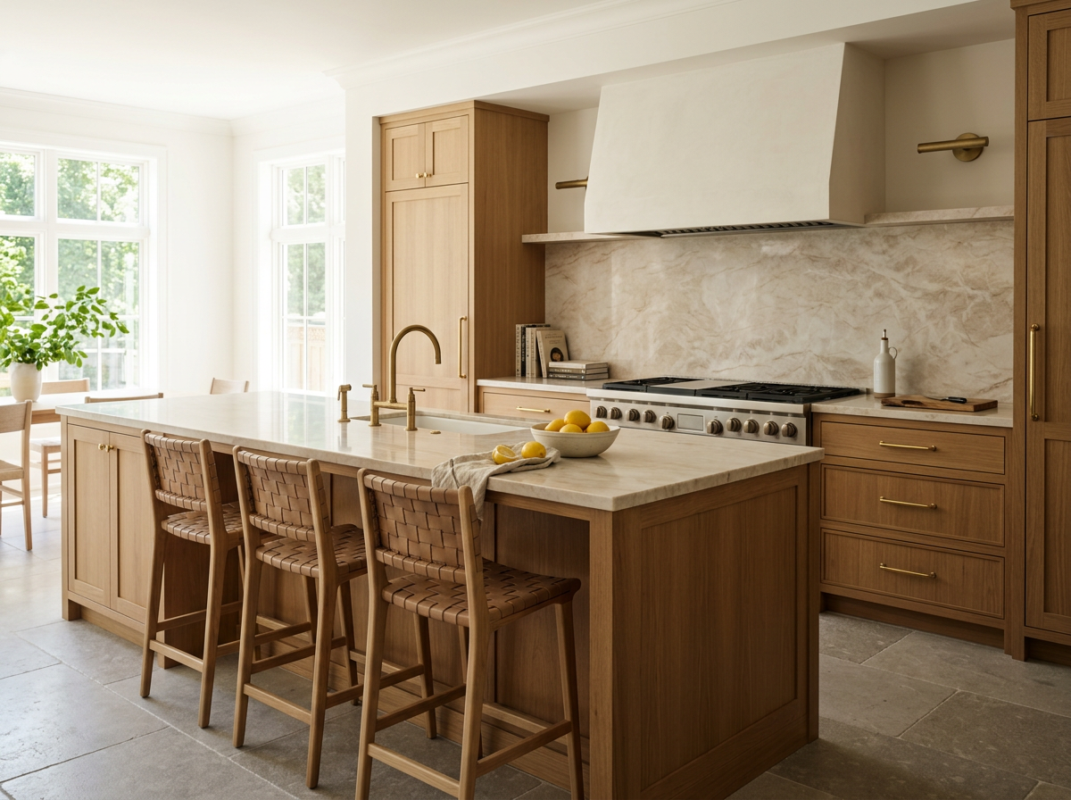 Modern kitchen with wooden cabinets, a marble island with a gold faucet, a bowl of lemons, and a stove with a beige backsplash, bright windows, and a potted plant in the background.