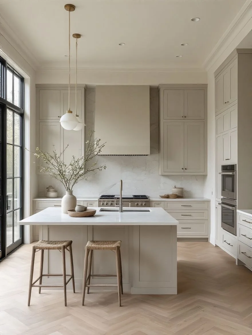 Modern white kitchen with island, two bar stools, pendant lighting, large window, and built-in appliances.