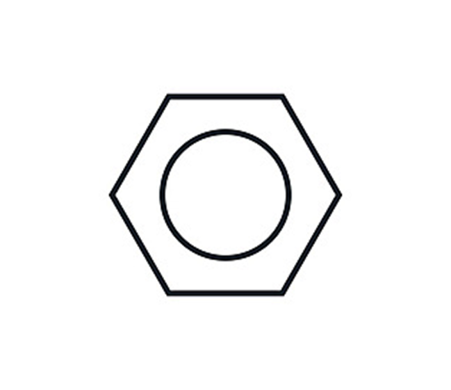 Black outline of a hexagon with a circle inside it.